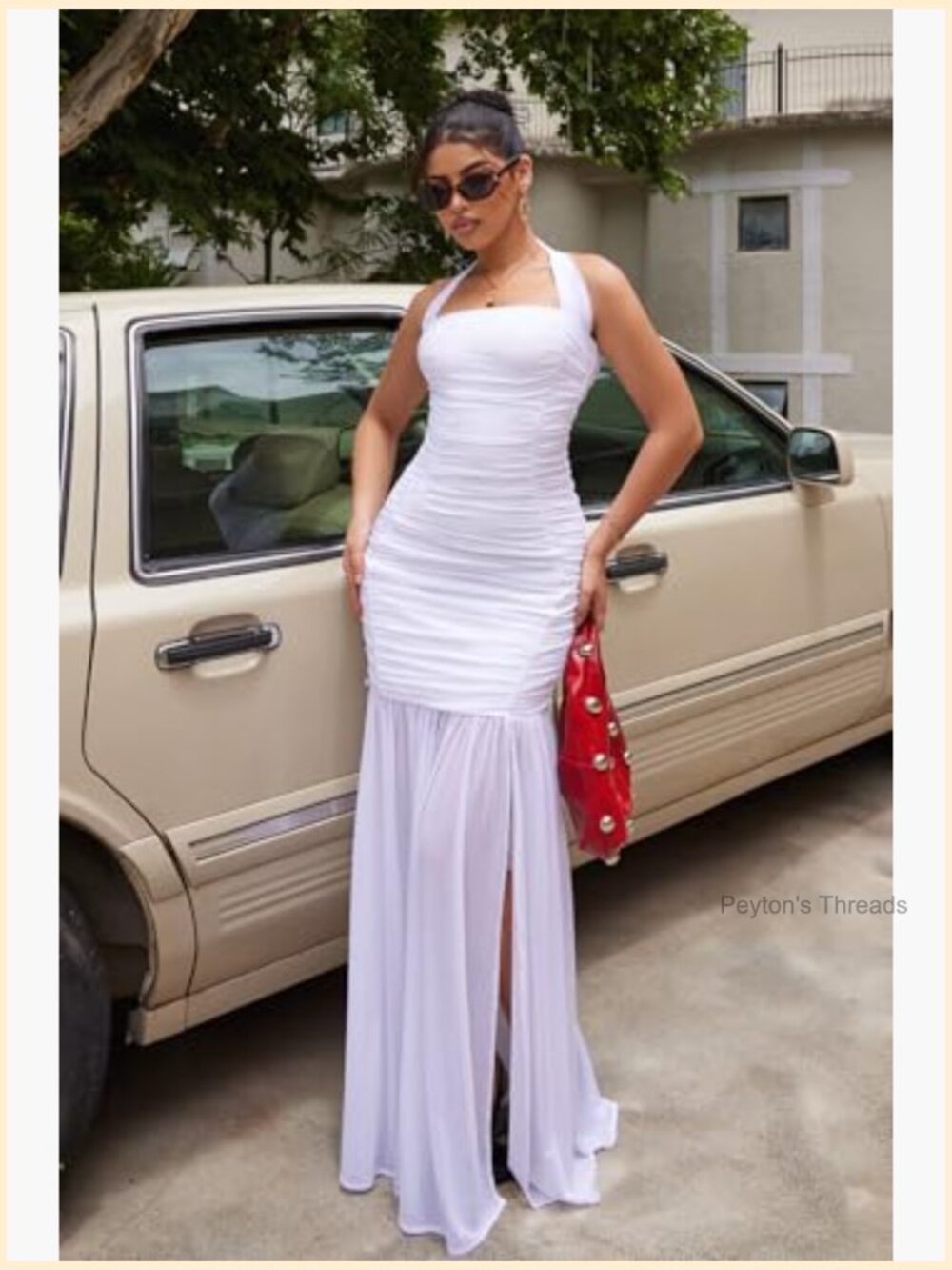 High Slit Halter Tie Ruched Mesh Maxi Dress Cocktail Wedding Guest - Picture 2 of 7